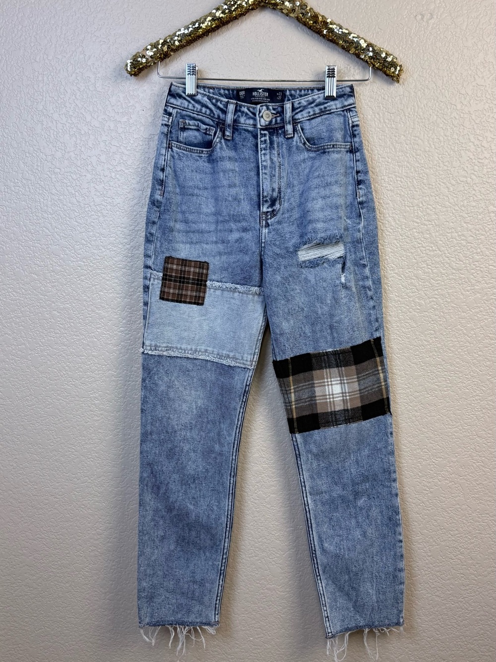 Hollister • Ultra High-Rise Mom Jeans with Plaid Patchwork
